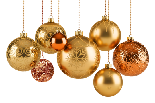 Eight gold and copper decoration Christmas balls collection hanging isolated