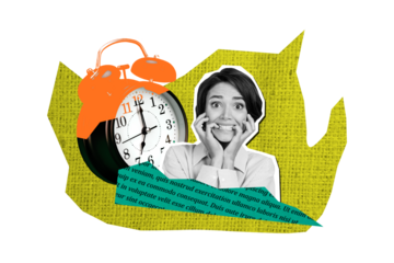 3D photo collage template trend artwork composite of silhouette confused student young lady emoji face fired lock deadline time education