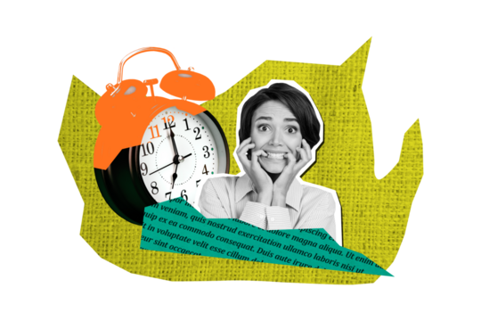 3D photo collage template trend artwork composite of silhouette confused student young lady emoji face fired lock deadline time education