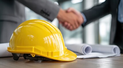 Two professionals shake hands over blueprints with a yellow hard hat in focus, symbolizing collaboration in construction.