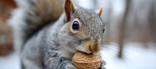Fototapeta premium Gray Squirrel in Snowy Woods, Holding Nut for Winter, Symbolizing Abundance and Survival Moments