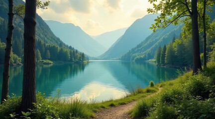 Obraz premium Serene mountain lake reflecting the soft glow of a partly cloudy sky amidst lush green forested slopes and a winding pathway