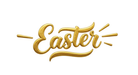 Metallic gold "Happy Easter" lettering, "Happy" sans-serif, "Easter" cursive with swooshes, brush texture, on white background with copy space, elegant holiday greeting.