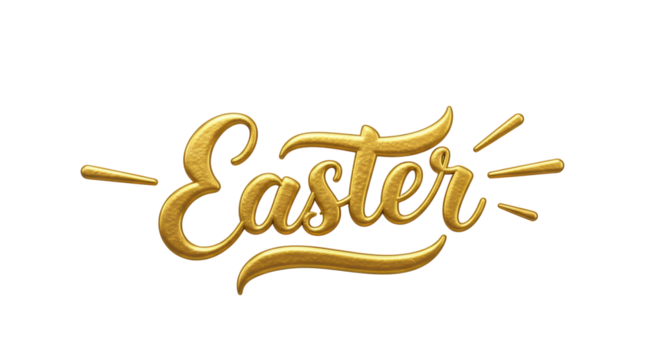 Metallic gold "Happy Easter" lettering, "Happy" sans-serif, "Easter" cursive with swooshes, brush texture, on white background with copy space, elegant holiday greeting.
