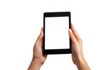 Two hands holding black tablet with blank white screen isolated on black background image