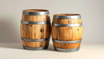 Obraz premium Two traditional wooden barrels with vertical staves and dark metal hoops on light surface