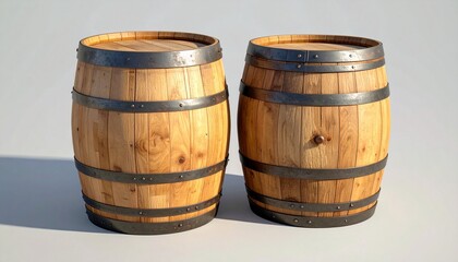 Obraz premium Two traditional wooden barrels with vertical staves and dark metal hoops on light surface