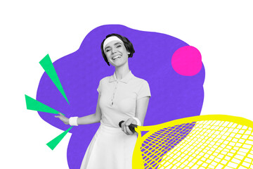Composite trend artwork sketch image collage of miniature illustration paper element fragment young lady play tennis hold racket sport