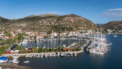 Aerial View of Bozburun Harbor and Sailboats in Marmaris, Turkey