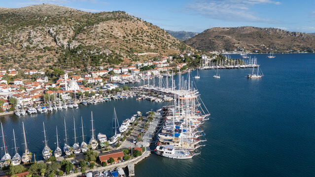 Aerial View of Bozburun Harbor and Sailboats in Marmaris, Turkey