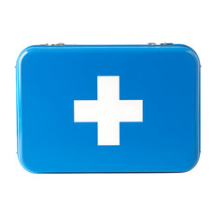 Fototapeta premium Bright blue first aid kit with a prominent white cross symbol against a stark black background