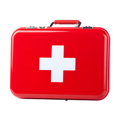 Obraz premium Bright red metal first aid kit with white cross symbol isolated on a black background
