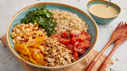 Buddha bowl with rice and bell pepper