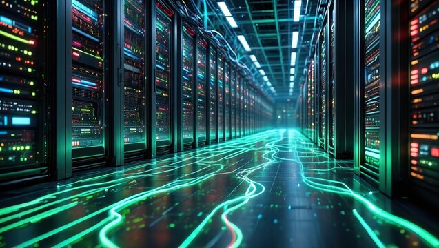 High-tech data center corridor with glowing fiber optic cables and illuminated server racks.