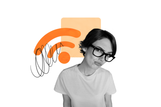 Creative image collage young unsure woman doubts hesitate think decide nerd digital wireless network connection signal wifi