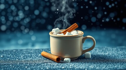 Steaming Winter Hot Cocoa Mug with Marshmallows, Cinnamon, and Blue Bokeh Snow_3