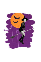 Vertical photo collage of happy witch girl ride broom late night flight bats halloween sabbath holiday isolated on painted background