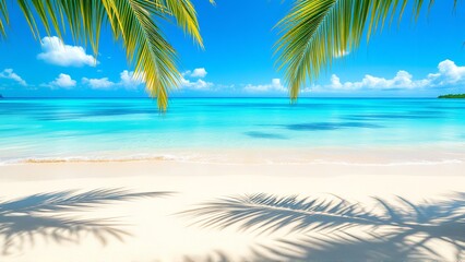 Fototapeta premium Tropical paradise beach with palm tree shadows and turquoise ocean water under a clear blue sky