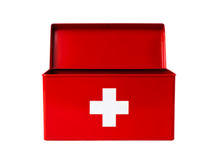 Bright red first aid kit with white cross symbol isolated on a stark black background