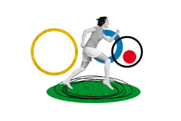 Collage image of pinup pop retro sketch of young female running football player olympic games sport event concept unusual fantasy billboard