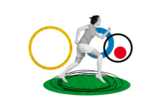 Collage image of pinup pop retro sketch of young female running football player olympic games sport event concept unusual fantasy billboard