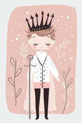 A Little Prince, a cartoon boy wearing a crown and holding a scepter on a pink background with white dots and branches. Cute flat vector illustration. Fairytale and childhood concept for design.