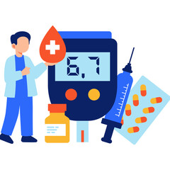 Healthcare professional holds blood drop near glucose meter with syringe and medication symbolizing diabetes management and treatment in a clean medical illustration
