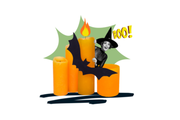Composite trend artwork 3D sketch collage of happy halloween autumn holiday spooky season young lady witch appear huge candle burn bat fly