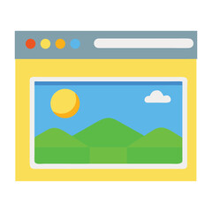 Flat design illustration of a web browser window displaying a vibrant landscape with a sun and clouds