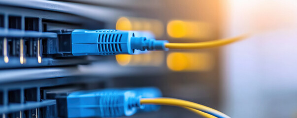 Close up of electronic connections with blue and yellow cables in server environment, showcasing high fidelity and advanced technology. image conveys sense of precision and modernity