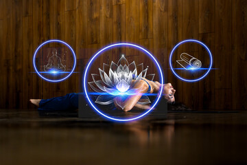 Woman practicing yoga with wellness and meditation icons