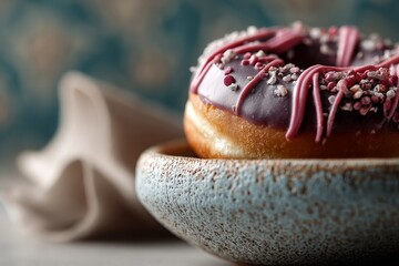 Highly detailed close-up photography of a tasty doughnut in a clay dish isolated in vintage wallpaper background