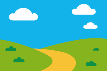 Illustration of green hills under a blue sky with clouds
