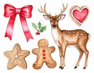 Watercolor hand painted Christmas set, deer, bow, gingerbread, New Year items. 