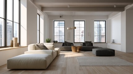 Fototapeta premium Modern living room interior with a light beige sectional sofa and city view through large windows