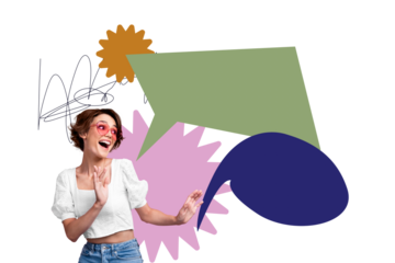 Composite trend artwork sketch image photo collage of speech cloud chatting message sms social media young lady emoji smile eyewear dance