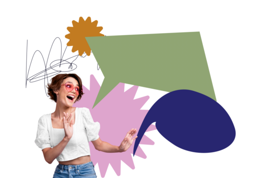 Composite trend artwork sketch image photo collage of speech cloud chatting message sms social media young lady emoji smile eyewear dance