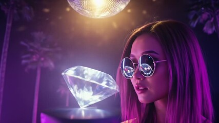 Realistic Woman with Pink Hair and Sunglasses Gazes at Floating Diamond Under Disco Ball