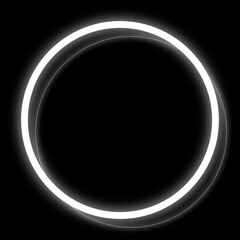Dynamic abstract frame black background. Circle white border that emits bright neon-like glow. Behind this primary frame two thinner rotated outlines overlap creating sense modern geometry