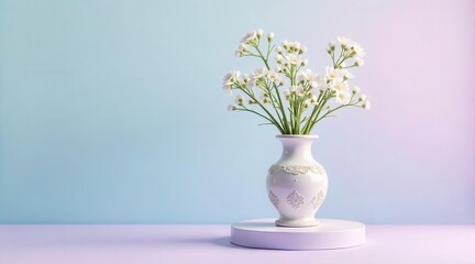 Delicate white blooms delicately arranged in an elegant ornate vessel atop a subtle elevated platform, capturing serene beauty