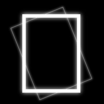 Dynamic abstract frame black background. Rectangular white border that emits bright neon-like glow. Behind this primary frame two thinner rotated outlines overlap creating sense modern geometry
