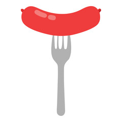 A bright red sausage impaled on a silver fork against a clean white background