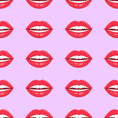 Beautiful lips with red lipstick seamless pattern, continuous fashion or beauty background