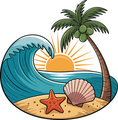 Tropical beach scene with palm tree ocean wave sun starfish and seashell