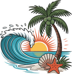 Tropical beach scene with palm tree crashing wave and sunrise seashell starfish