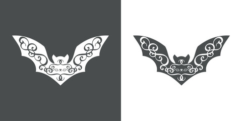 Logo con silueta de murciélago con filigrana caligráfica. Silueta con florituras para tarjetas y felicitaciones de Halloween © teracreonte