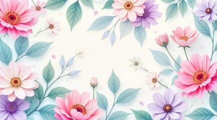 Delicate pastel blossoms and soft green foliage create a serene floral border framing empty space for your creative message