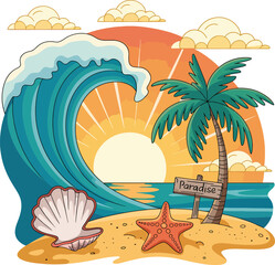 tropical island sunset with crashing wave and palm tree Vibrant