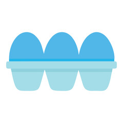 Three blue eggs in a light blue carton on a white background