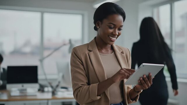 Realistic Young Woman Using Tablet In Bright Office Setting